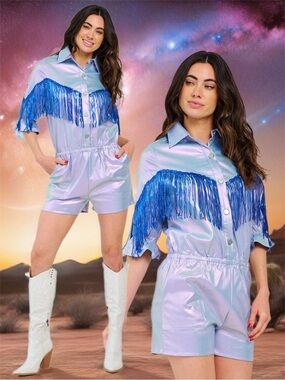 Fantastic Fawn | Space Cowgirl Iridescent Blue Fringe Romper Festival New Small